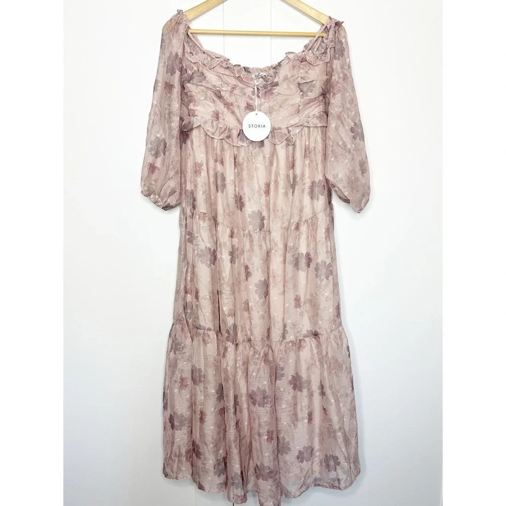 Storia Light Pink Floral Off Shoulder Long Sleeve Tiered Maxi Dress Medium girly - Picture 6 of 14
